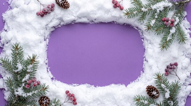 Elegant winter flat lay with an oval snow border, fir branches, frosted red berries, and pinecones on a modern purple background. Christmas greeting card template with copy space