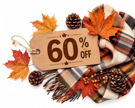 Title: 60 percent off kraft paper discount tag with autumn leaves evoking cozy seasonal savings in a bright studio flat lay isolated on white for retail e-commerce clearance campaign mockups