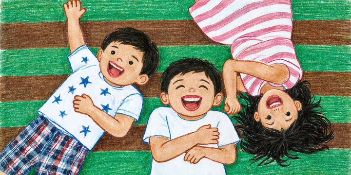 Happy children laughing and playing on green grass in a sunny park, Kids Drawing Style
