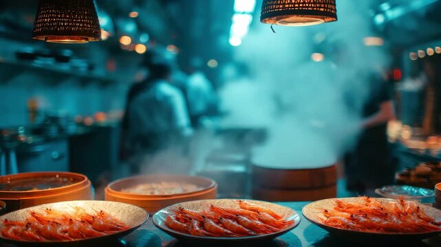 Plates with appetizing shrimp in a professional kitchen with chefs. Preparation and service concept for a seafood restaurant