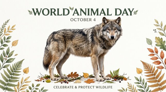 Gray wolf standing in a watercolor autumn leaf frame for World Animal Day celebration banner