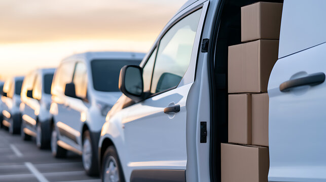 A line of white delivery vans parked with one cargo vehicle open and loaded with cardboard boxes for parcel service transport and logistics business