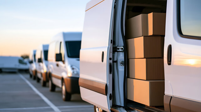 Row of white delivery vans parked in a logistics depot parking lot with cardbox parcel packages loaded inside the open vehicle rear doors