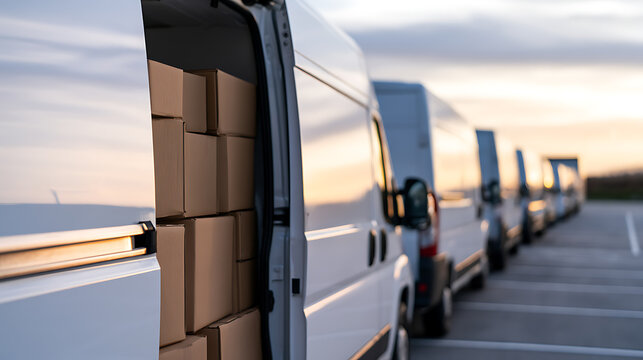 Row of white delivery vans parked in a logistics depot with one cargo vehicle open and loaded with cardboard boxes ready for transit