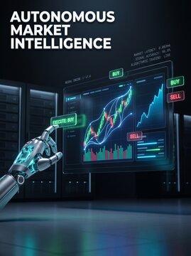 Robot hand touching digital holographic screen executing stock market trade in server room