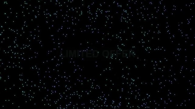 Glowing particle cluster forming limited offer text on black background for digital marketing motion.
