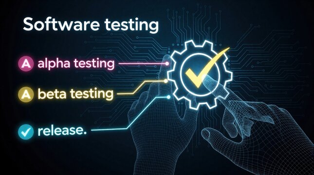 Digital concept of software testing process. Cyber hands touch holographic interface with alpha testing, beta testing, release stages. Gear icon with check mark shows successful app development,