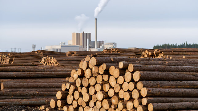A industrial pulp and paper mill factory operating near a large stack of harvested timber logs in a rural landscape setting daytime