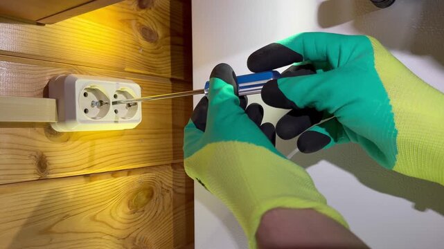 Person wearing safety gloves screwing wall outlet plate onto wooden panel using screwdriver.