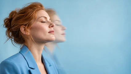 Woman with closed eyes and blurred double exposure portrait on blue background. Calm redhead female in blazer breathing deeply. © W.O.W