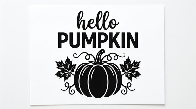 Hello pumpkin typography design with a black silhouette of a pumpkin and autumn maple leaves