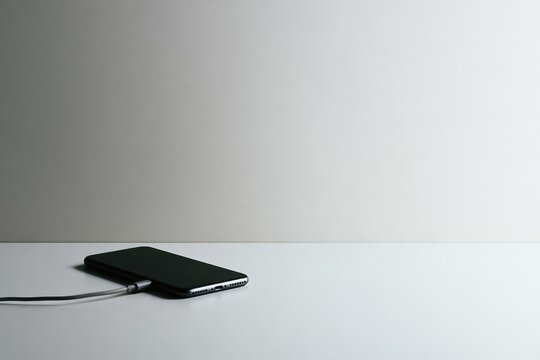 Smartphone charging with cable on white table