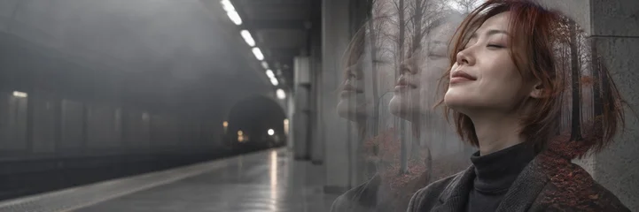 A woman in a double exposure image dreams of nature. The urban setting of a subway platform contrasts with a tranquil forest. © W.O.W