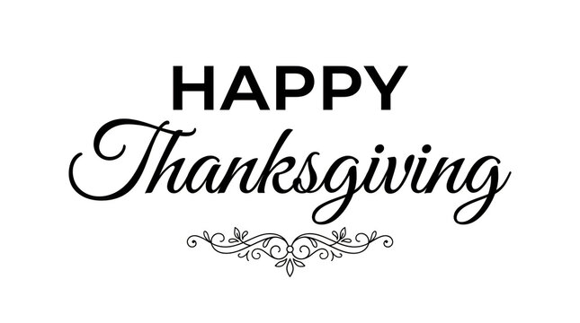 Elegant happy thanksgiving text design with decorative flourish isolated on a clean white background