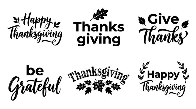 Set of six black and white thanksgiving typography designs featuring autumn leaves and decorative elements