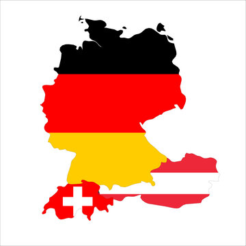 Flag map outline shape of German Speaking Countries. Flags of countries fill the shapes with their colors. Symbol of regional cooperation, identity and partnership
