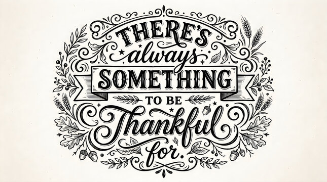 Decorative hand lettering design stating there is always something to be thankful for on white