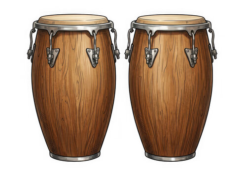 Two traditional wooden conga drums with metal hardware and skin heads isolated on transparent background