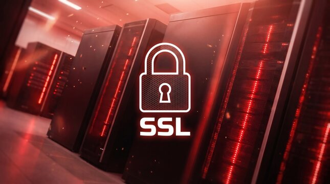 SSL Security Padlock Icon Glowing Over Red Lit Server Racks in Data Center Cybersecurity Concept