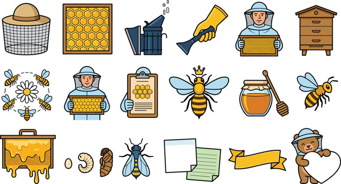 Beekeeping and Organic Honey Production Icon Set Featuring Beekeepers, Wooden Beehives, Honeycomb Frames, Queen Bee Mascot, Sweet Honey Jar, and Cute Apiary Bear Mascot