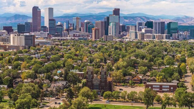 Denver Skyline with church view drone hyperlapse Denver 4K