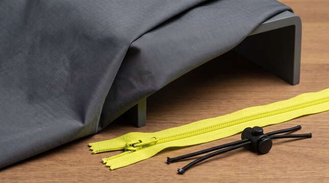Textiles: Graphite ripstop fabric with neon yellow zipper and black cord locks for functional outerwear design