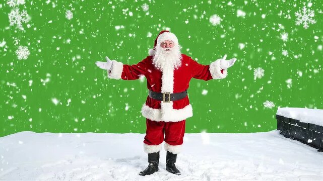 Joyful Santa Claus dancing in snowy studio with festive background celebrating winter holidays