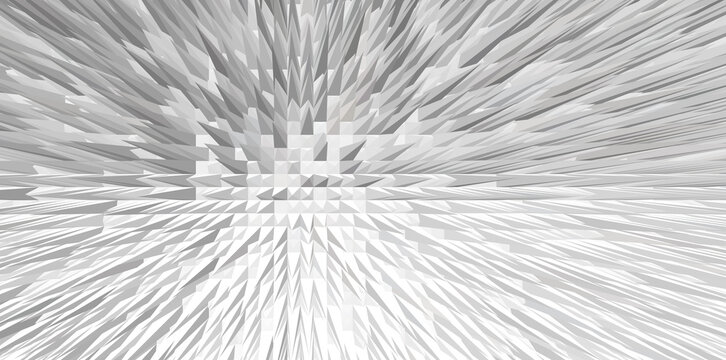 Geometric abstract background with sharp pyramid shapes extending to vanishing point, sharp lines, and white monochrome palette, suitable for digital art and futuristic concepts.