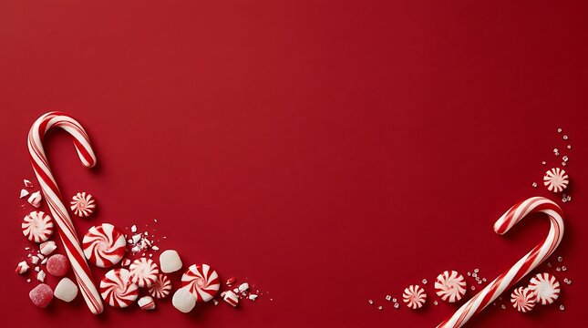 Festive merry christmas background featuring candy canes and peppermint candies arranged on a vibrant red surface for holidays