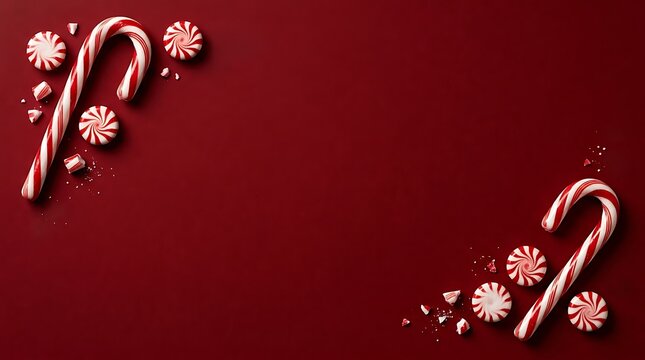 Festive merry christmas background featuring candy canes and peppermint candies arranged on a deep red surface for holidays