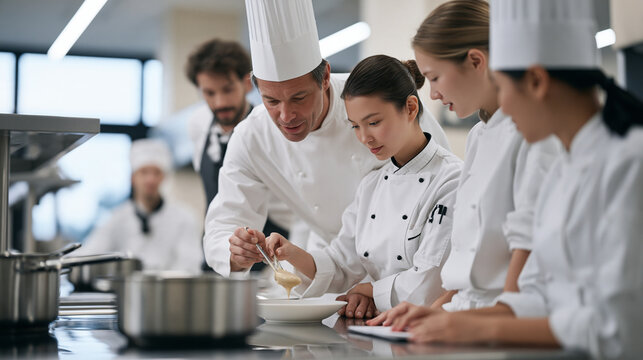 Culinary school students gathered around a teaching chef demonstrating sauce technique at a gleaming stainless steel station, international chefs day, october cooking education,