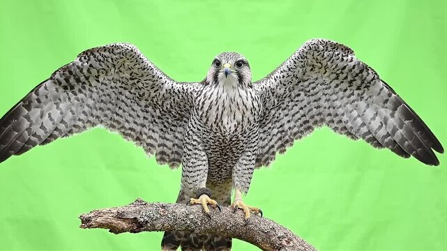 Peregrine falcon perched on branch with wings opening and closing in natural light cinematic motion