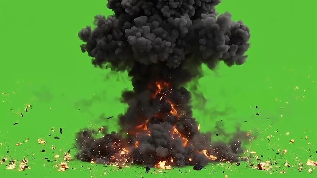 Nuclear Explosion with Fireball and Debris in Dramatic Green Screen Lighting