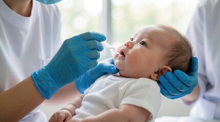 Obraz premium Nurse gives infant oral vaccine using dropper. Tiny baby receives medicine for protection and health. Doctor or pediatrician does liquid drops to child in medical clinic.