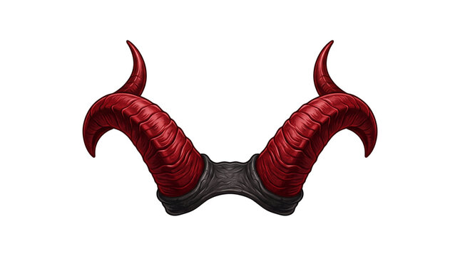 Red devil horns headband, curved demon horn accessory for cosplay, textured crimson ram horns for halloween costume isolated PNG with Transparent Background
