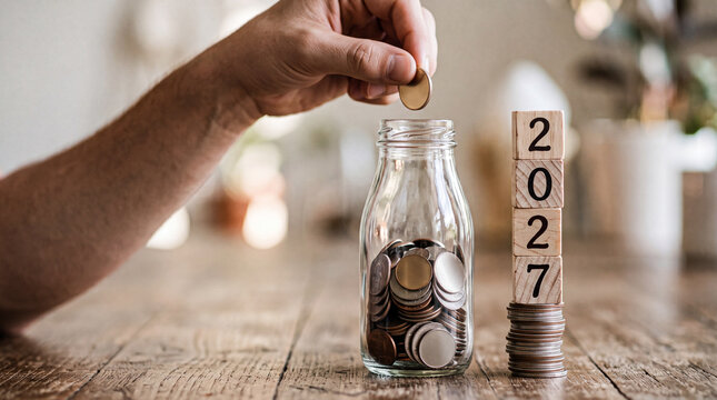 Close-up of hand putting coin into glass bottle with wooden blocks showing 2027 on coin stack for savings