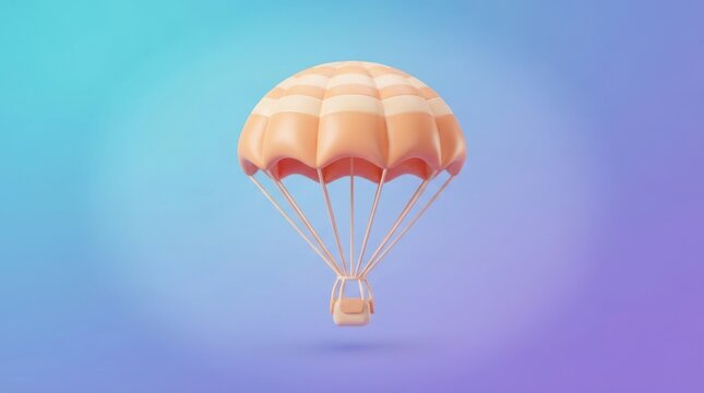3D parachute with suspension lines floating against gradient sky background