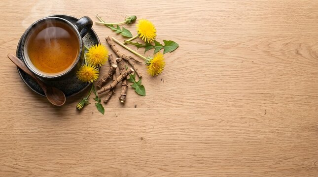 Dandelion tea in a dark mug is arranged with yellow flowers and roots on a light wooden table with ample copy space.