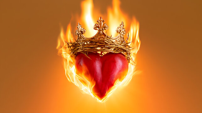Sacred heart symbol adorned with a crown of thorns and gold royal crown surrounded by intense bright flames against a warm background