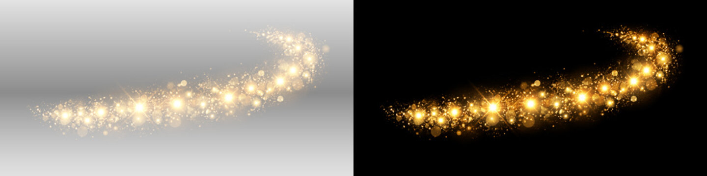 Golden glowing sparkle PNG overlay with radiant glitter particles and curved light trail, on transparent background