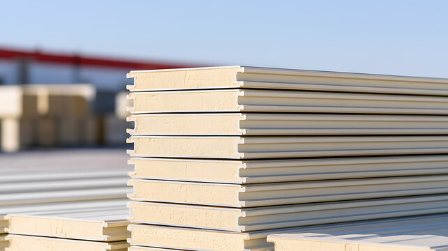 Stack of insulated sandwich panels for modern industrial building construction project outdoors under bright blue sky during daytime season