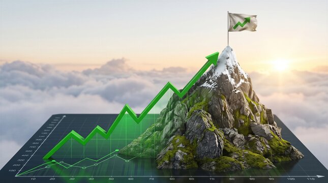 Green rising arrow graph climbing mountain peak with success flag above clouds at sunrise