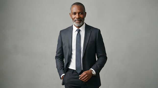 Handsome mature African American businessman in a sharp suit and tie posing confidently in a studio
