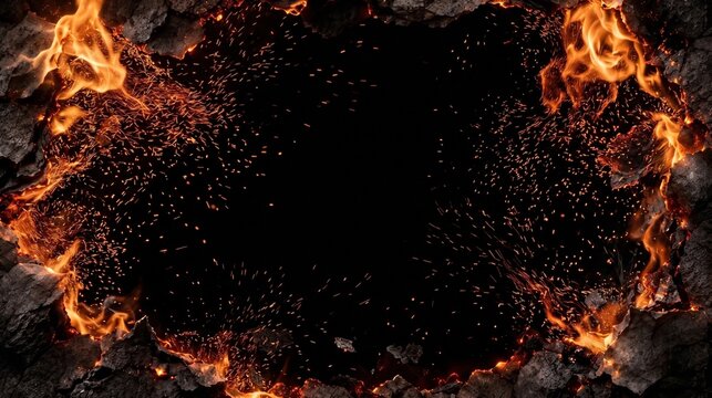 Fiery border with flames and glowing embers