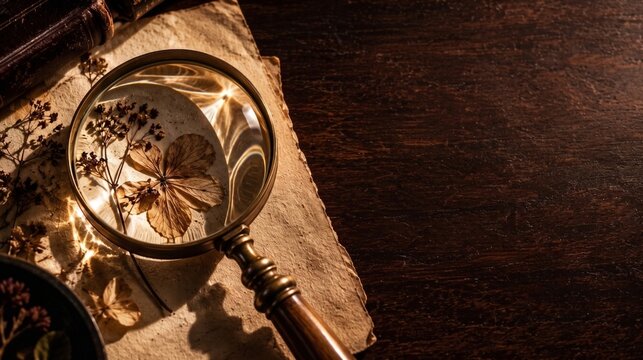 Vintage magnifying glass on aged paper