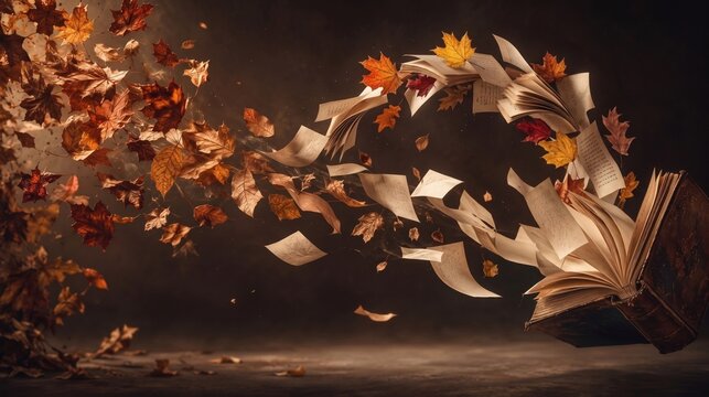 Open book with flying pages and autumn leaves