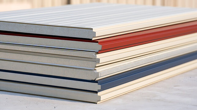 Stack of insulated sandwich panels with metal sheets for commercial building construction, thermal insulation wall and roof elements material