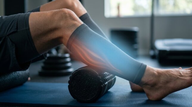 Athlete performing muscle recovery exercises with foam roller in gym concentrating on legs and calves for enhanced performance