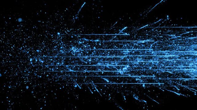 Abstract blue particles stream outward across a dark expanse creating a sense of digital data flow and speed for technology concepts