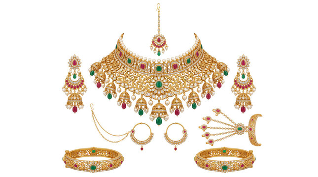 Traditional Indian bridal jewelry set, ornate gold necklace with emeralds and rubies, luxury wedding accessories for brides isolated PNG with Transparent Background